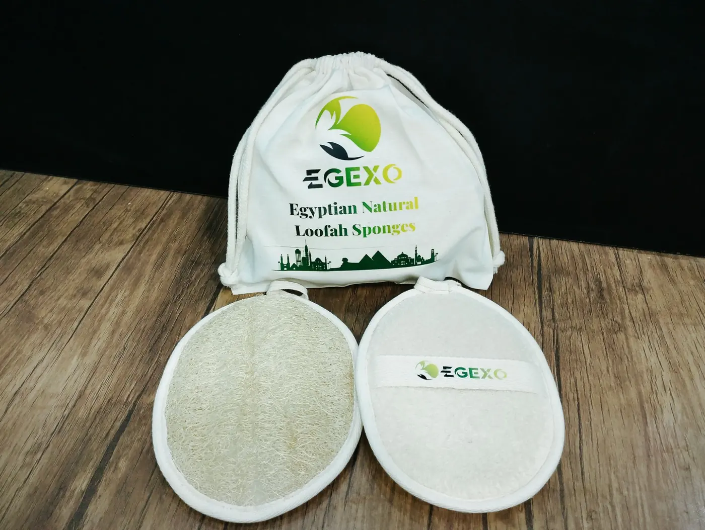 EGEXO printed cotton bag with two loofah pads