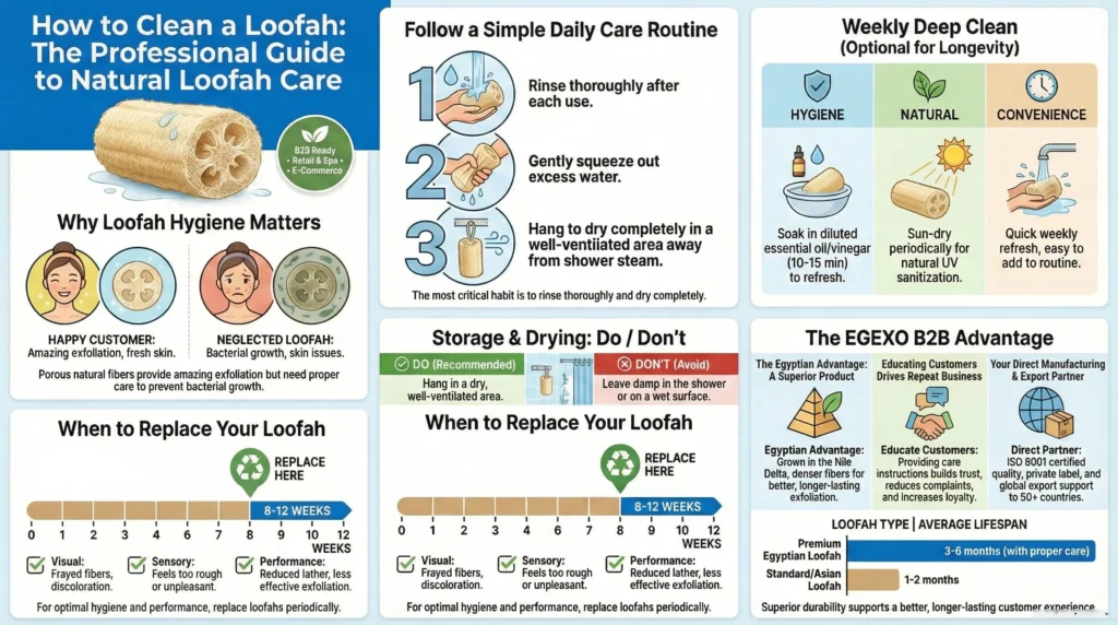 How to Clean a Loofah: The Complete Professional Guide to Loofah Hygiene, Maintenance, and Longevity for Wholesale Buyers 2 How to clean a loofah detailed infographic