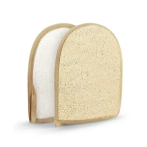 Home page 10 Natural Loofah Exfoliating Glove being worn on hand demonstrating proper usage for body exfoliation and dead skin removal during bath