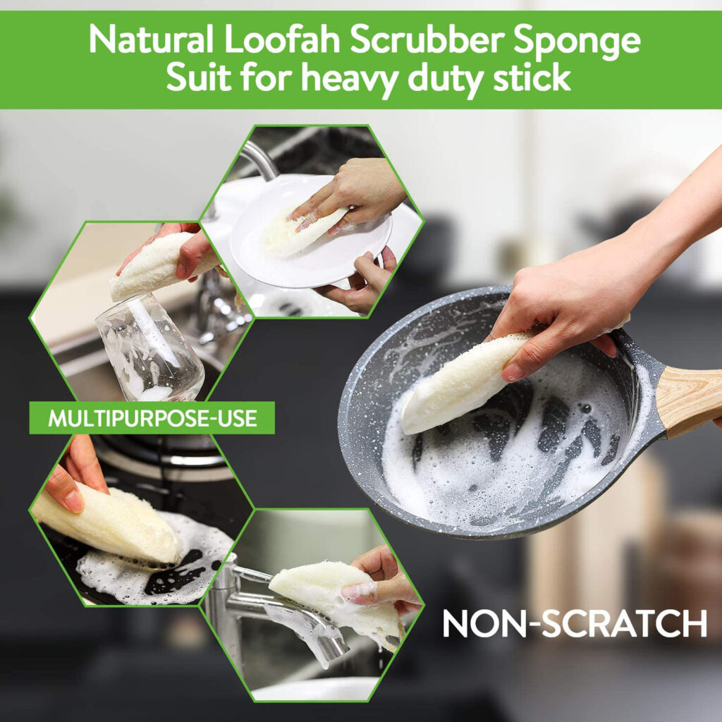 Natural kitchen loofah sponge cleaning dishes showing eco-friendly sustainable cleaning solution