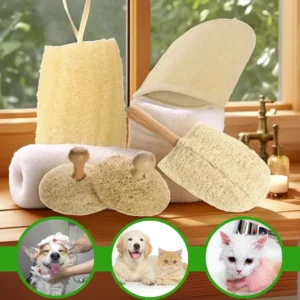 Natural pet loofah grooming set with glove, stick, paw sponges, and rope scrubber by EGEXO