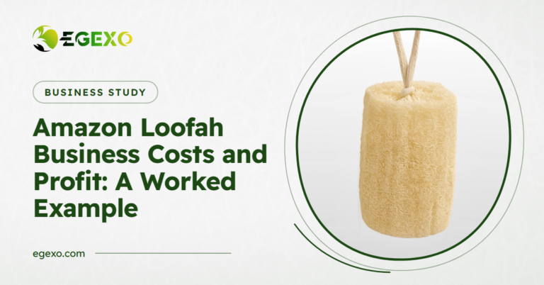 Amazon loofah business costs and profit: EGEXO banner with a photo of raw loofah with cotton rope