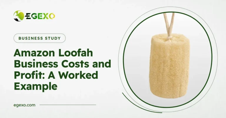 Amazon loofah business costs and profit: EGEXO banner with a photo of raw loofah with cotton rope