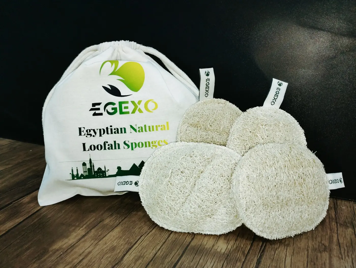 Home v2 (draft) 20 EGEXO printed cotton bag with four loofah pads with EGEXO labels