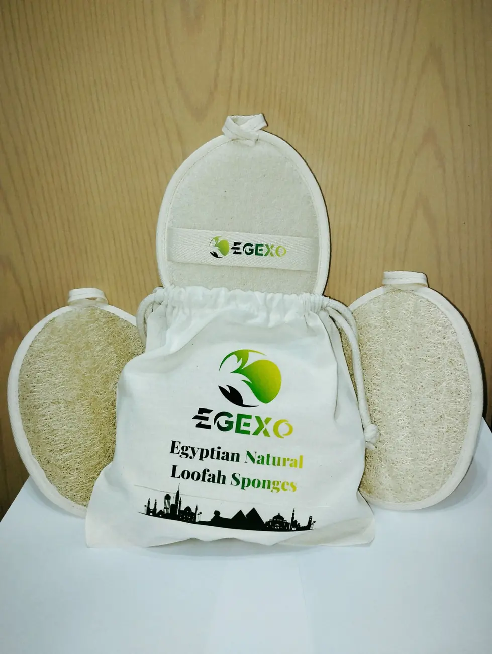 Home v2 (draft) 19 EGEXO printed cotton bag with three loofah pads