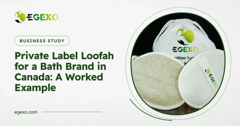 Private label loofah for a bath brand in Canada: EGEXO banner with a photo of EGEXO private label bag with loofah sponges