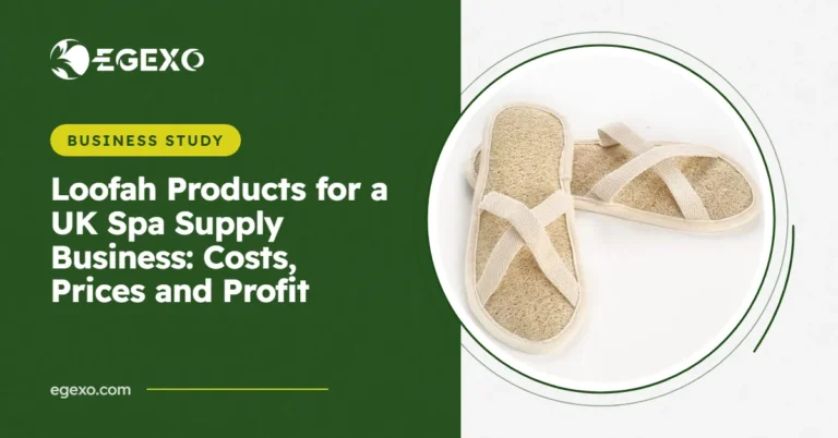 Loofah products for a UK spa supply business: EGEXO banner with a photo of loofah spa slippers